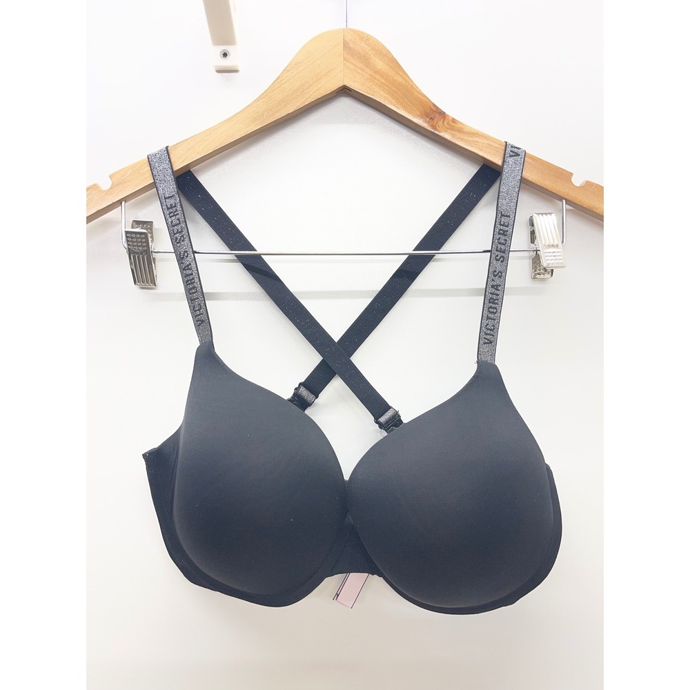 Victorias Secret Shine Strap Push-Up Bra Black Rhinestone Logo 36D